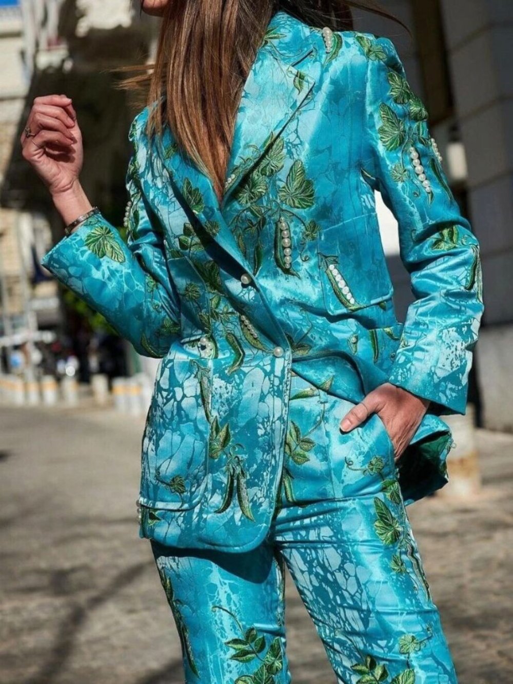 H&M x Iris Apfel Pea Pod Jacquard Suit Set Blazer Pant Turquoise Pearl Size M/8